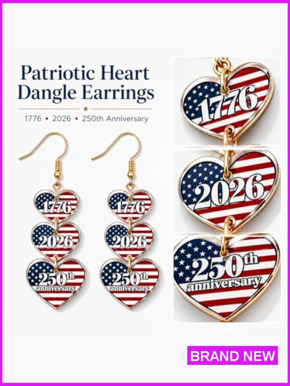 Patriotic Drop Dangle Earrings USA 250th Anniversary Independence Day Gift - Picture 4 of 7